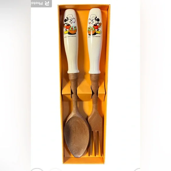 Vintage‎ Disney Mickey Mouse Wood and Ceramic Salad Fork And Spoon Set in Box - Picture 2 of 9